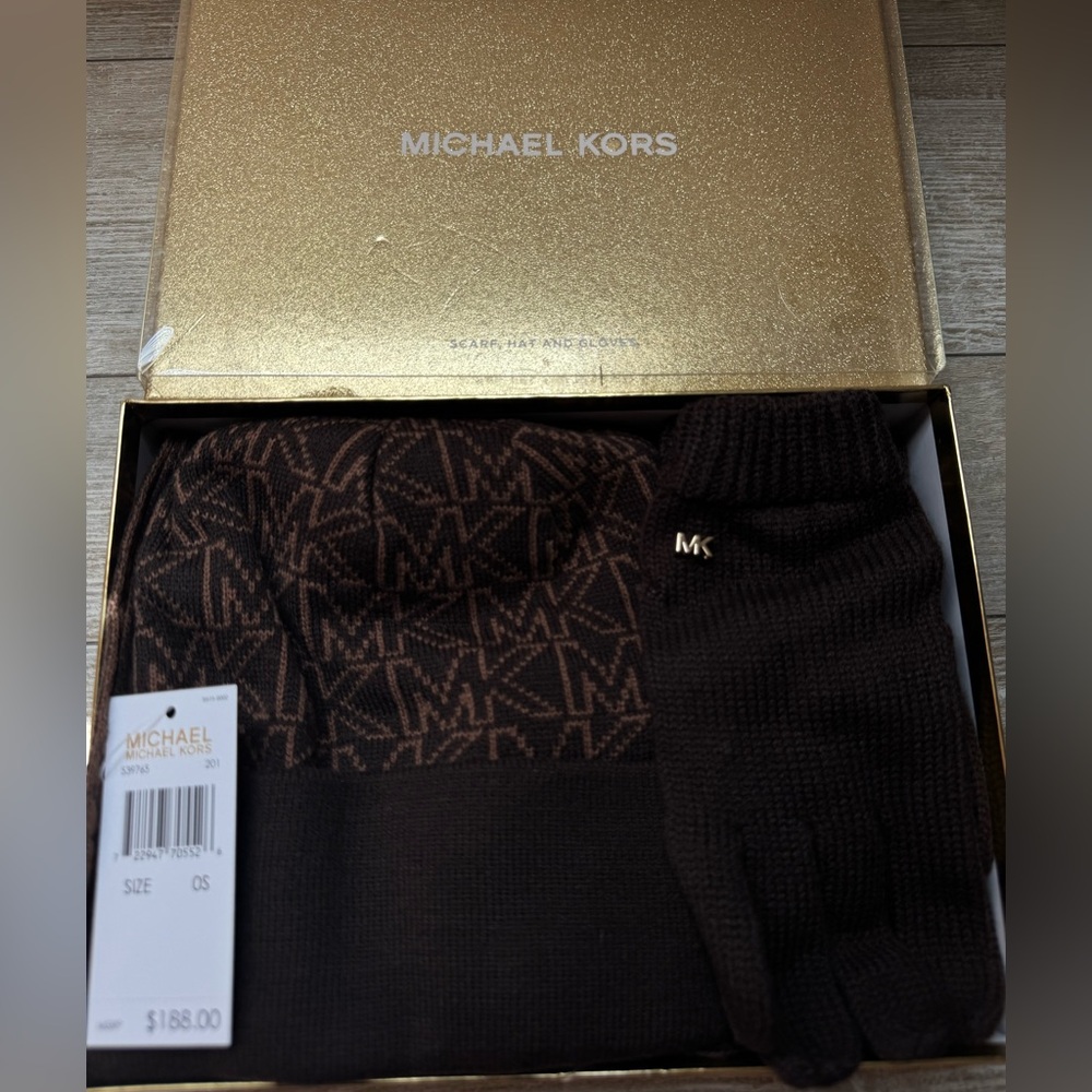 Michael Kors Dark Brown MK Logo Beanie & Glove Gift Set